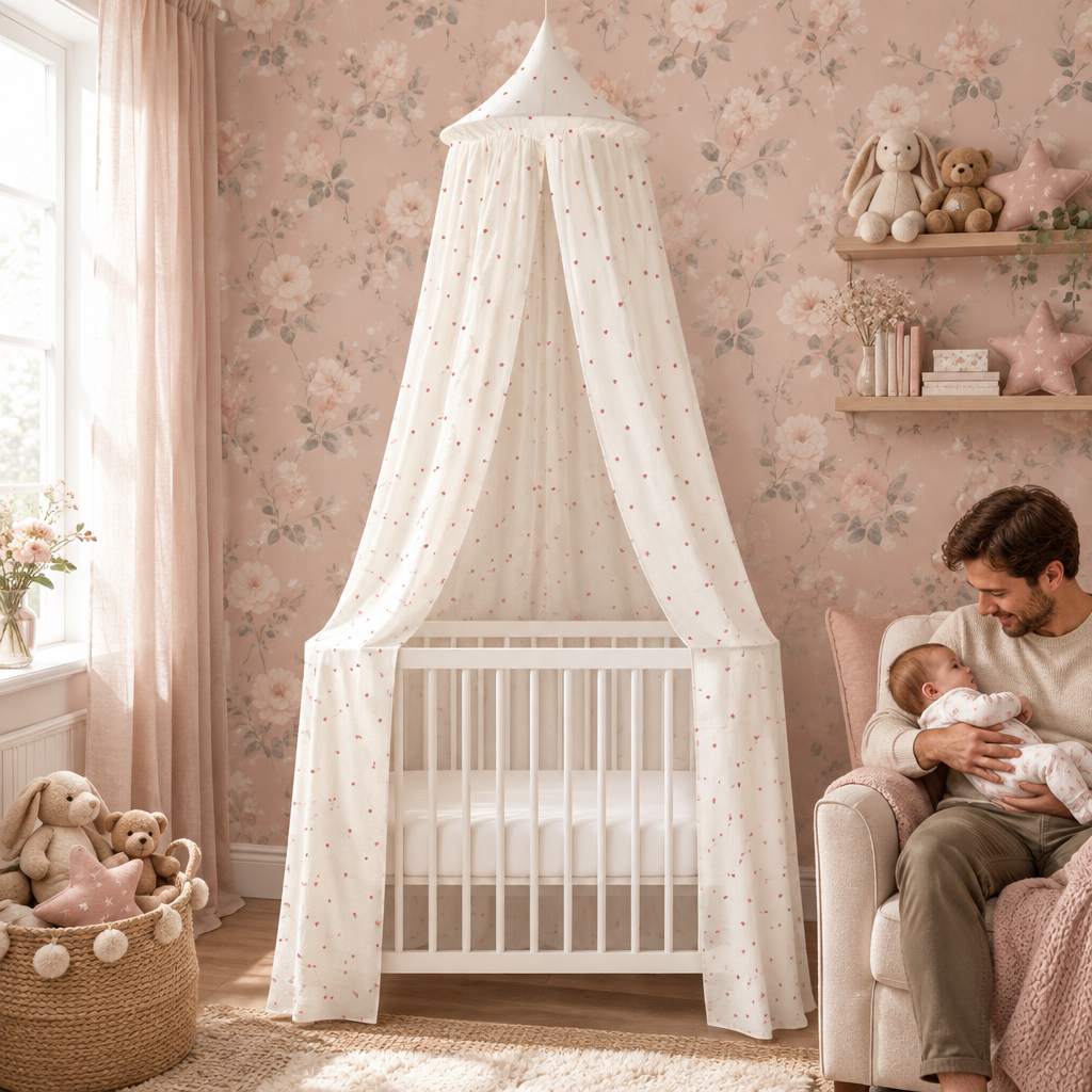 Ciel de lit Sweet Hearts dans une chambre rose avec papa et bébé