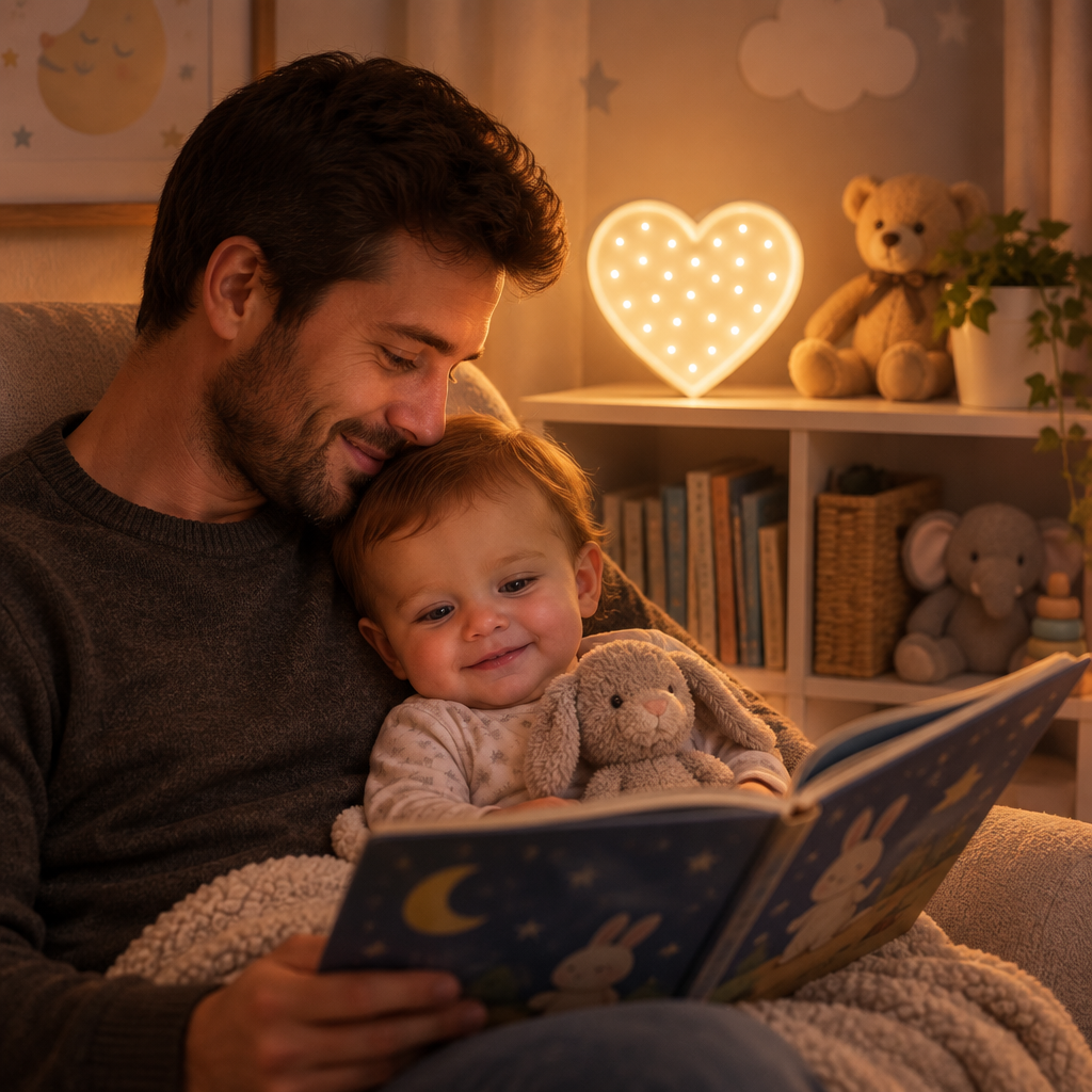 Papa lisant une histoire à bébé près de la veilleuse Cœur