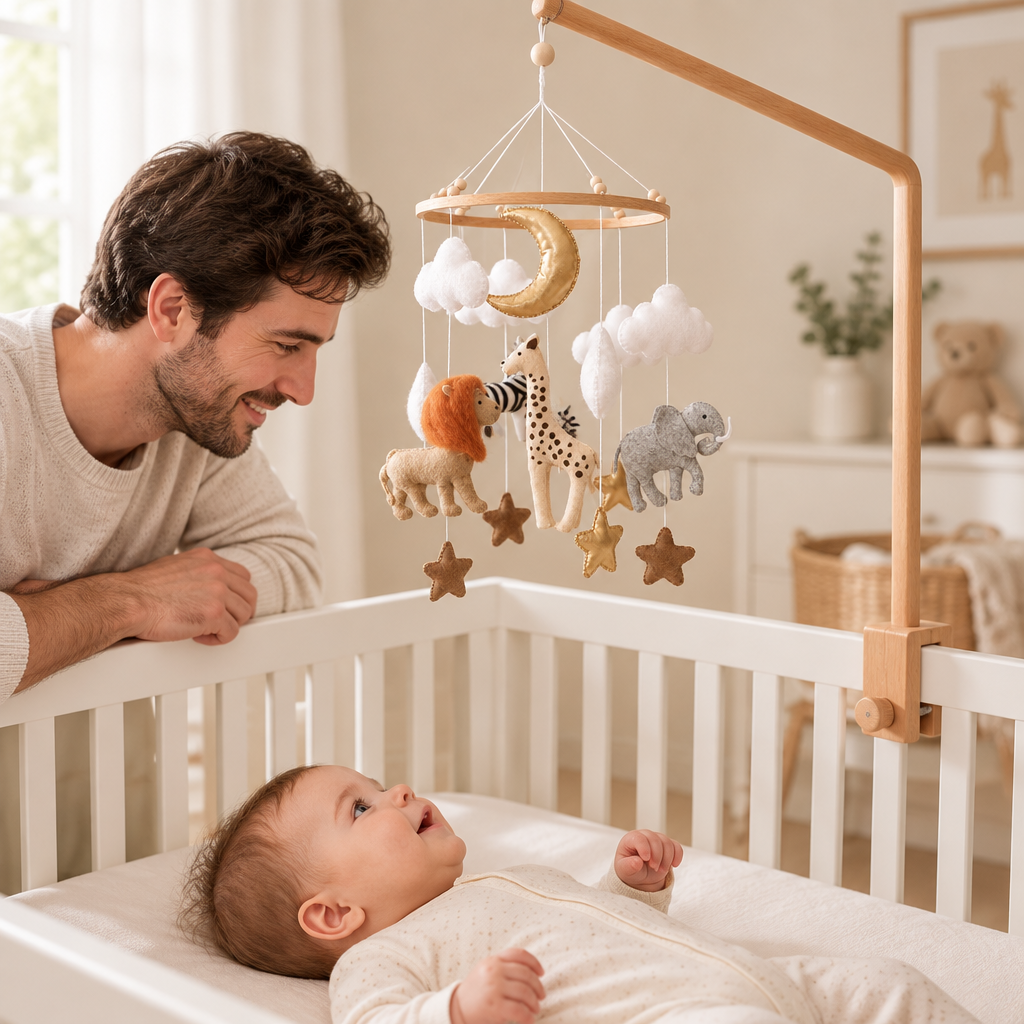 Papa regardant bébé sous le mobile Safari dans une chambre claire