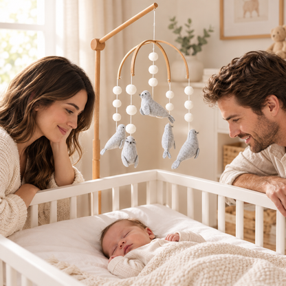 Parents admirant bébé dans son berceau sous le mobile Phoques