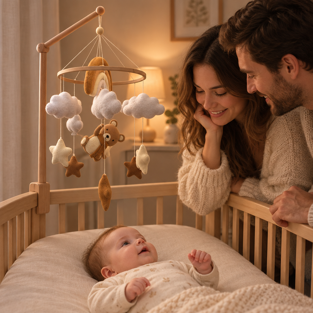 Parents près de leur bébé le soir avec le mobile Ourson Arc-en-ciel et son support en bois