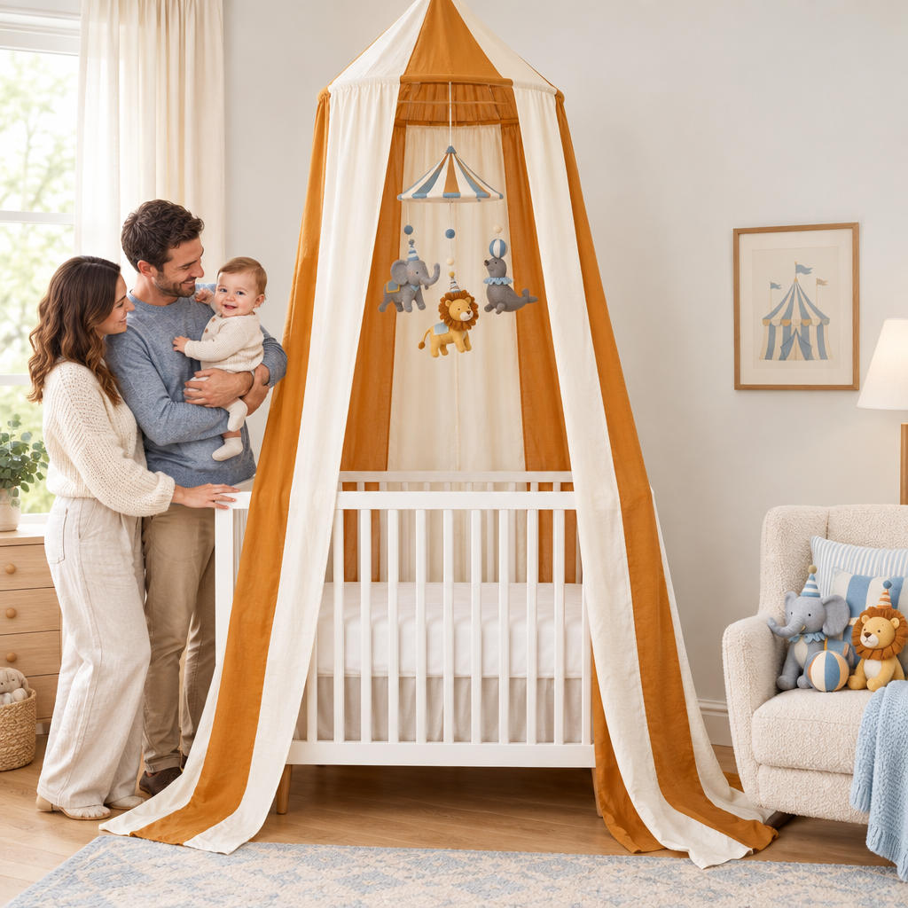 Parents et bébé avec ciel de lit Caramel Circus et mobile cirque dans une chambre bleu doux
