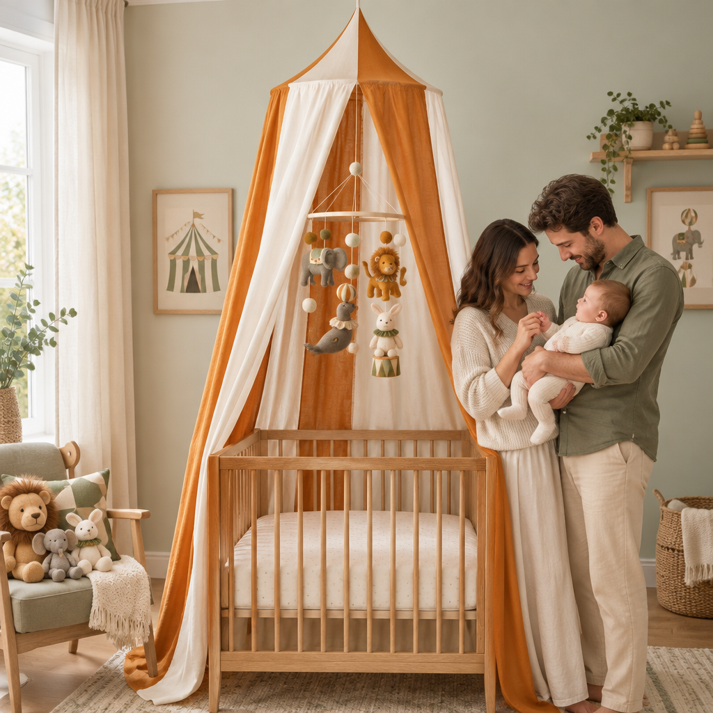 Parents et bébé avec ciel de lit Caramel Circus et mobile cirque dans une chambre vert sauge