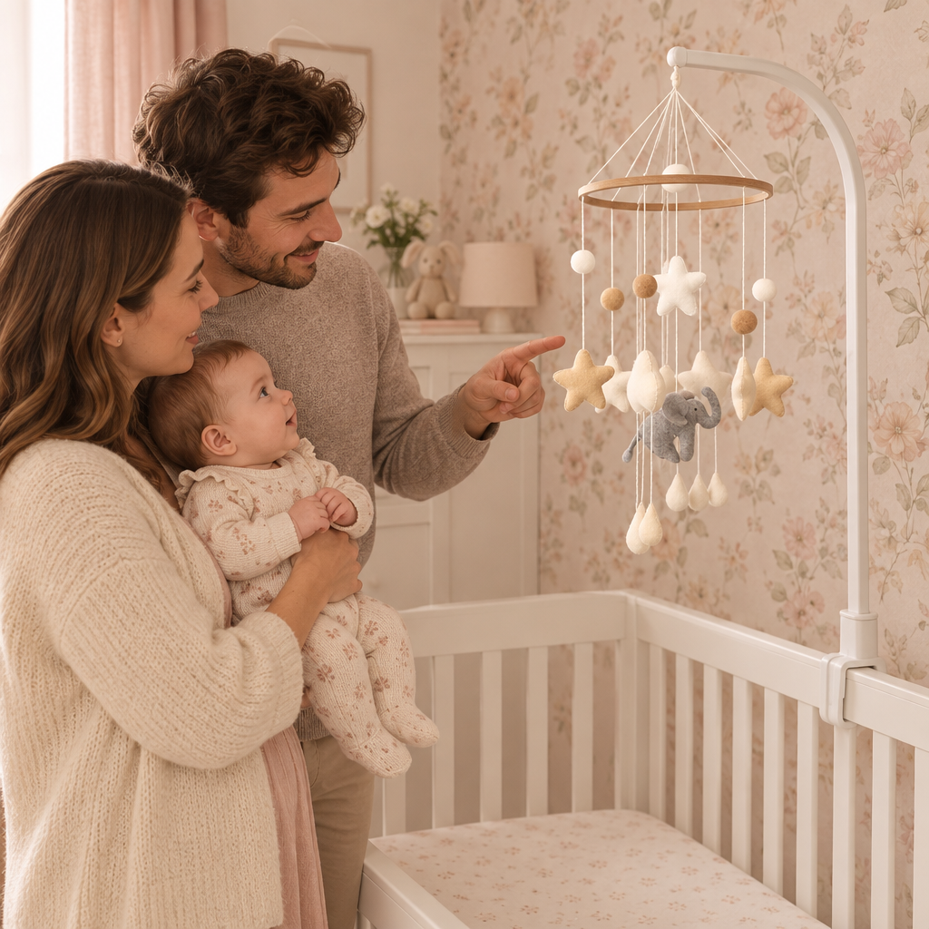 Parents et bébé dans une chambre rose avec le mobile Éléphant & Étoiles