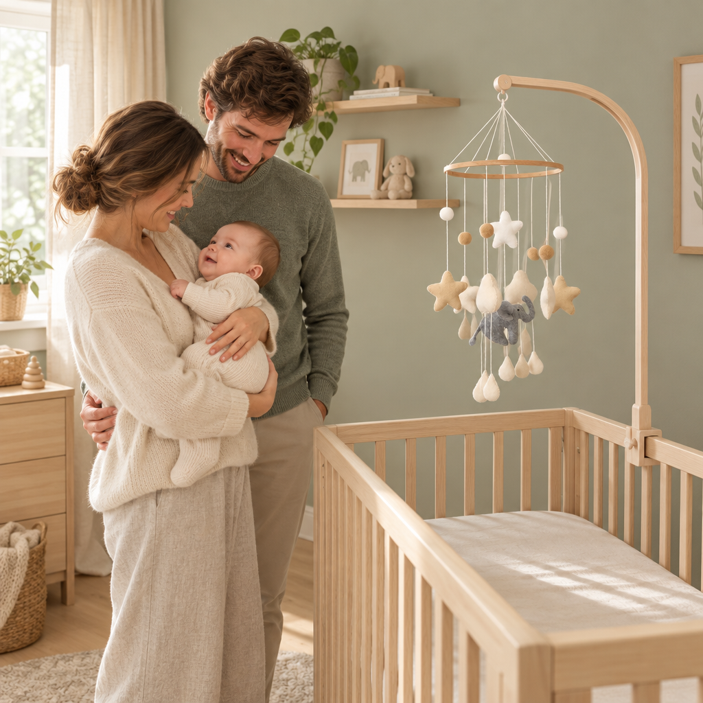 Parents et bébé dans une chambre scandinave avec le mobile Éléphant & Étoiles