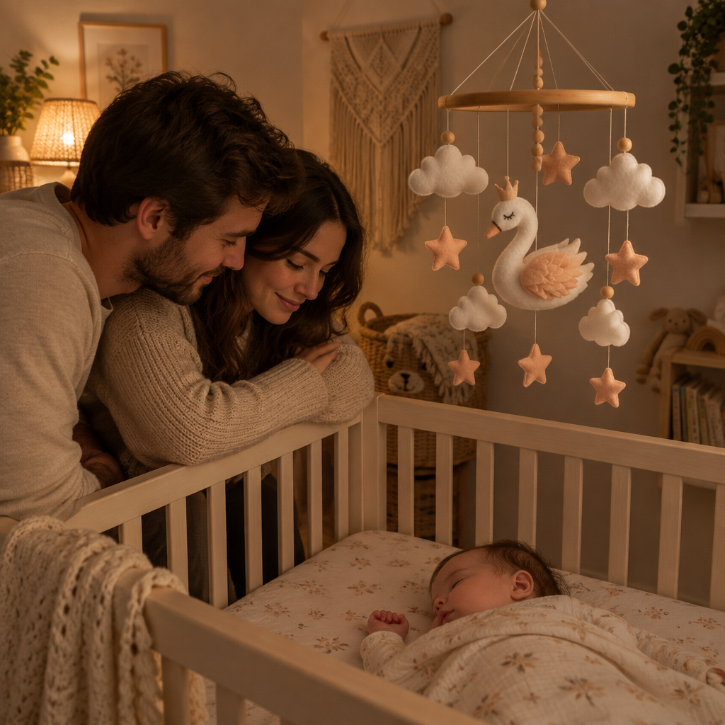 Parents et bébé dans une chambre bohème avec le mobile artisanal Cygne rose
