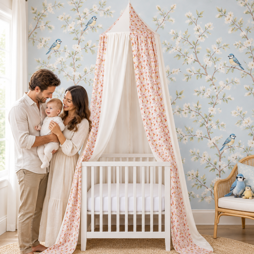 Parents et bébé dans une chambre avec ciel de lit Jardin printanier et branches fleuries
