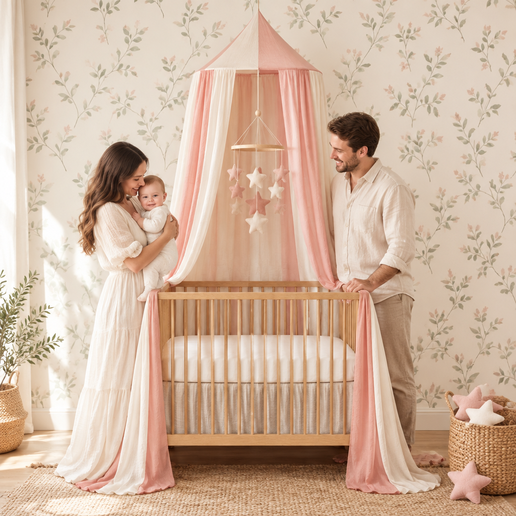 Parents et bébé dans une chambre vert sauge avec ciel de lit rose poudré