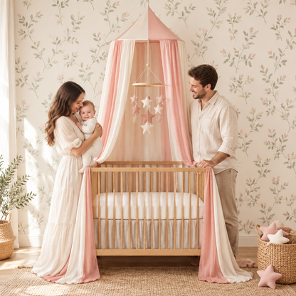 Parents et bébé dans une chambre vert sauge avec ciel de lit rose poudré