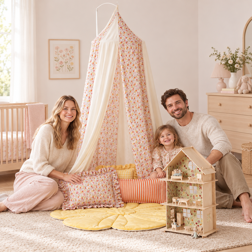 Parents près du ciel de lit bébé Jardin printanier dans une ambiance rose poudré