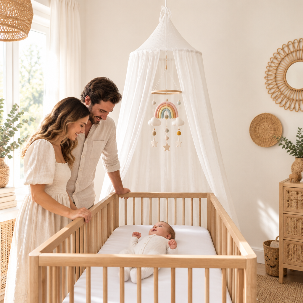 Parents près du lit de bébé avec ciel de lit crème dans une chambre douce