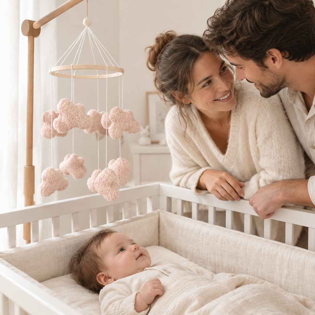 Parents réunis au-dessus du berceau avec le mobile Nuages bouclés roses