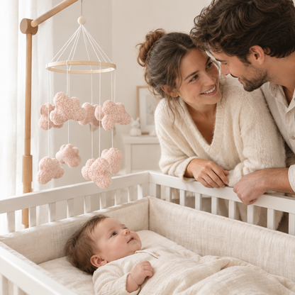Parents réunis au-dessus du berceau avec le mobile Nuages bouclés roses