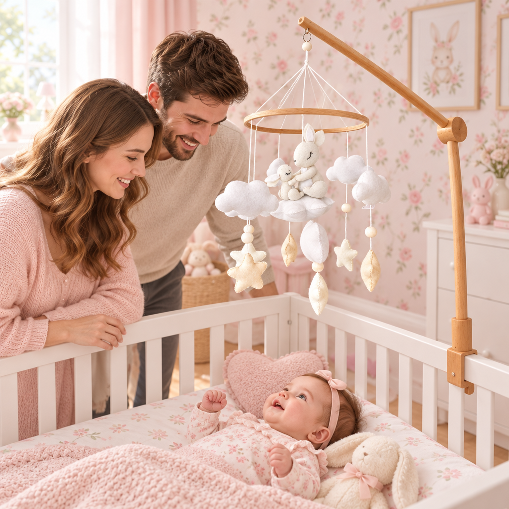 Parents près du berceau avec le mobile Maman Lapin & Bébé suspendu au-dessus