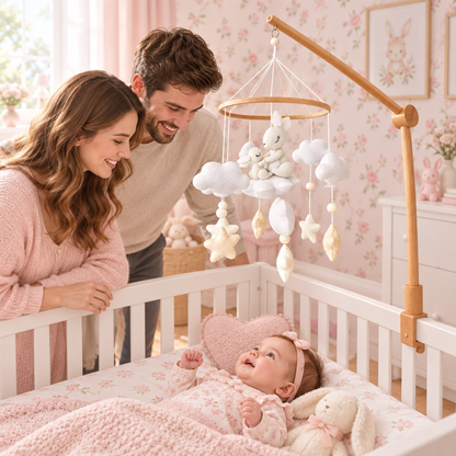 Parents près du berceau avec le mobile Maman Lapin & Bébé suspendu au-dessus