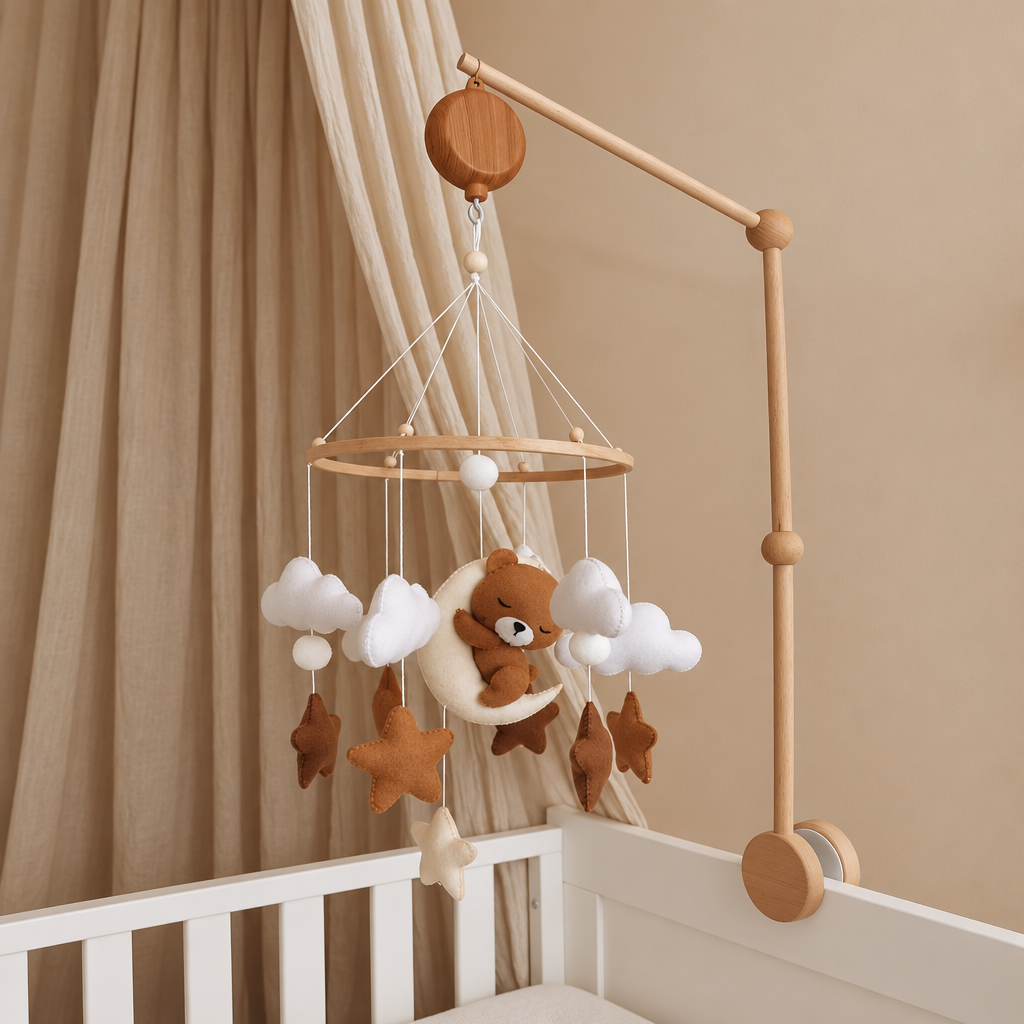 Bras fixe en bois avec mobile bébé suspendu