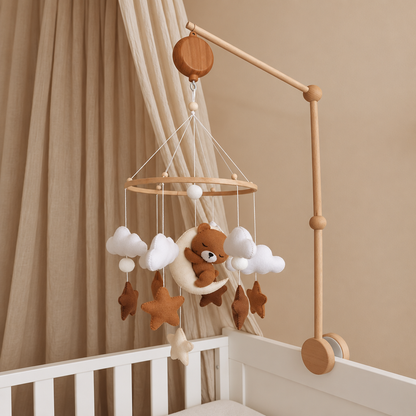 Bras fixe en bois avec mobile bébé suspendu