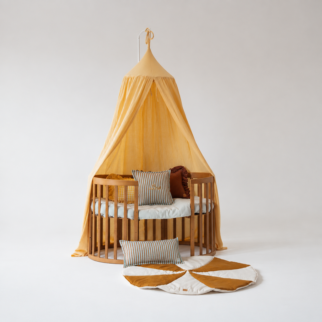 Ciel de lit bébé jaune beurre en coton, vue décorative carrée