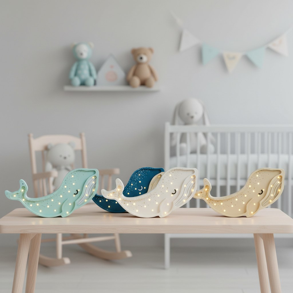 Quatre veilleuses bébé Baleine en différents coloris