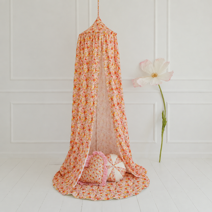 Ciel de lit bébé Jardin fleuri rose en coton OEKO-TEX®, vue décorative carrée