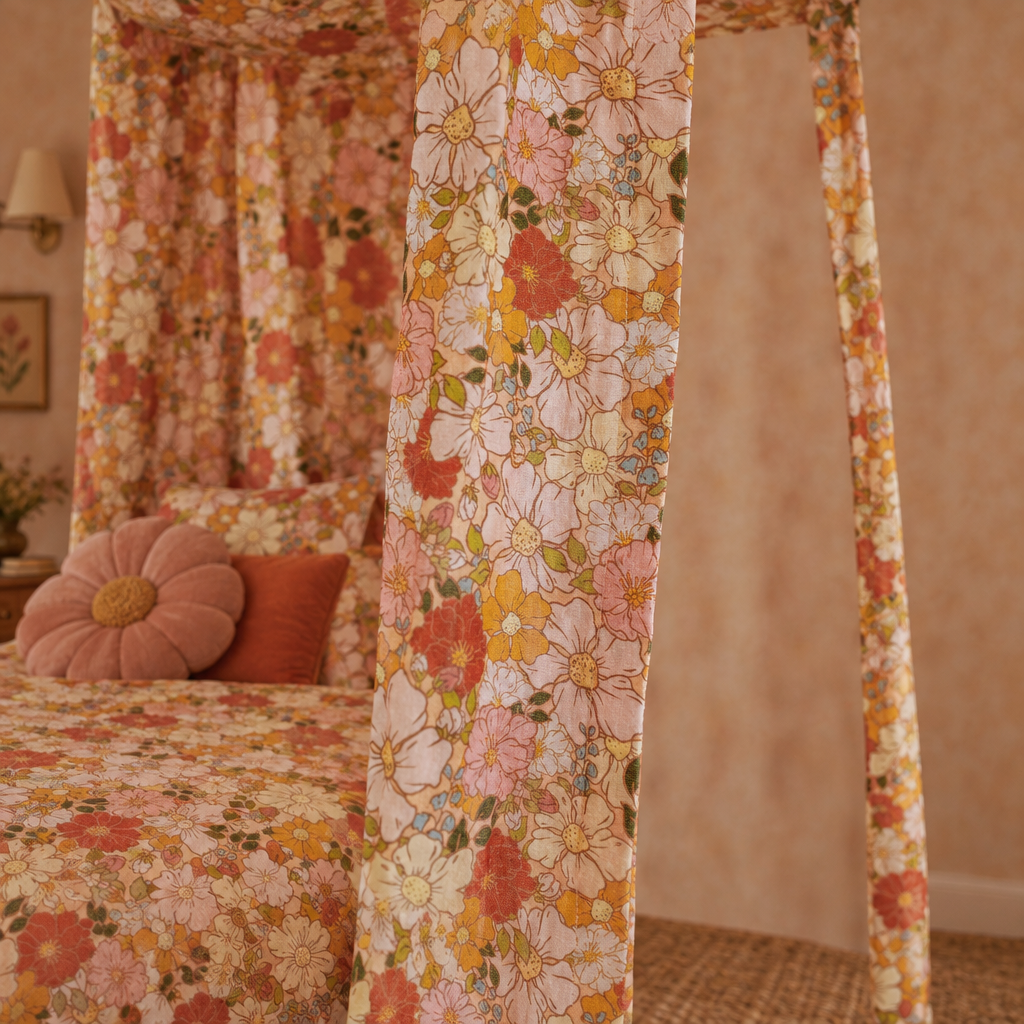 Ciel de lit bébé Jardin fleuri rose, vue décorative carrée