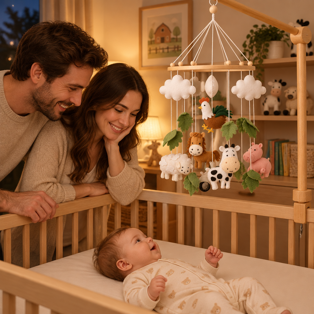 Mobile bébé Ferme dans une chambre le soir à la lumière d’une lampe
