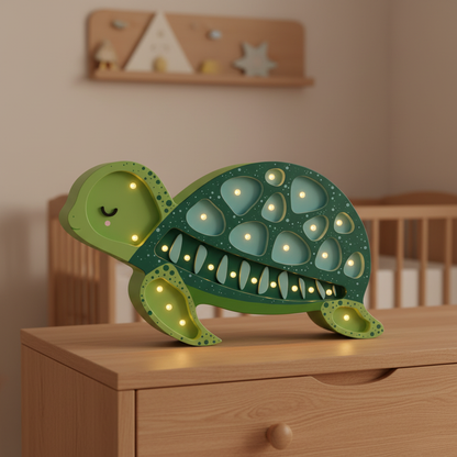Veilleuse bébé Tortue verte au premier plan dans une chambre de bébé