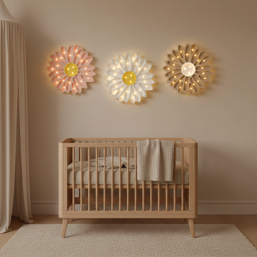 Trois veilleuses bébé Marguerite rose, blanche et beige dans une chambre