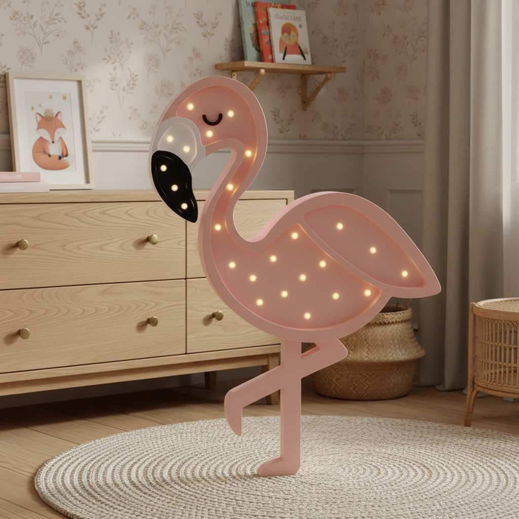 Veilleuse bébé Flamant Rose dans une chambre scandinave chaleureuse