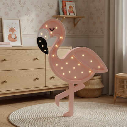 Veilleuse bébé Flamant Rose dans une chambre scandinave chaleureuse