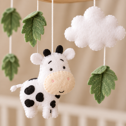 Détail de la vache et du nuage du mobile bébé artisanal Ferme