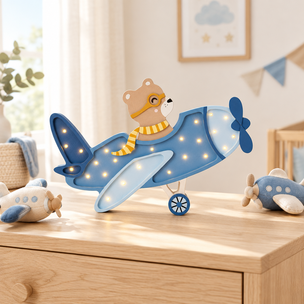 Veilleuse Avion bleue sur une commode avec peluches avion