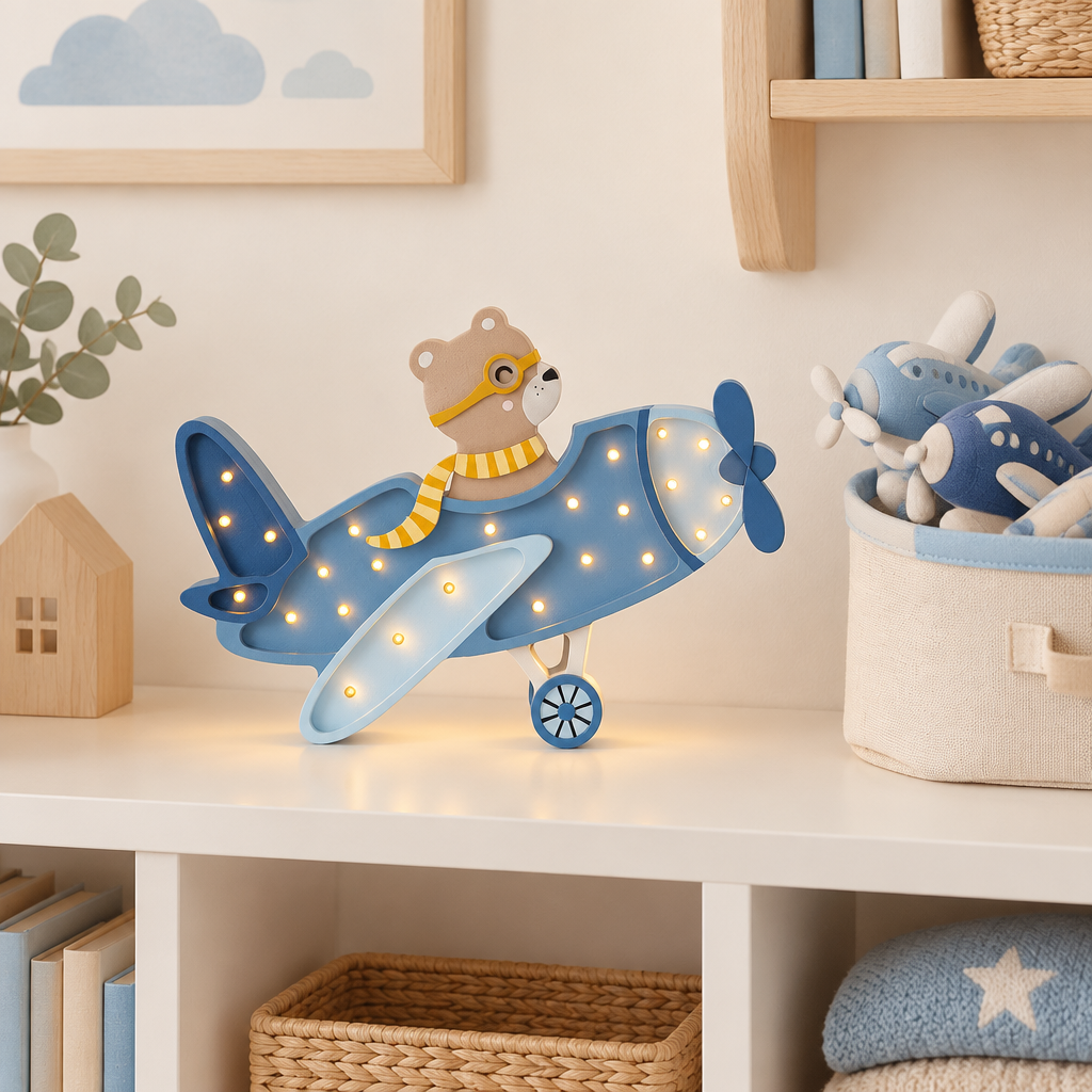 Veilleuse Avion bleue sur une étagère scandinave