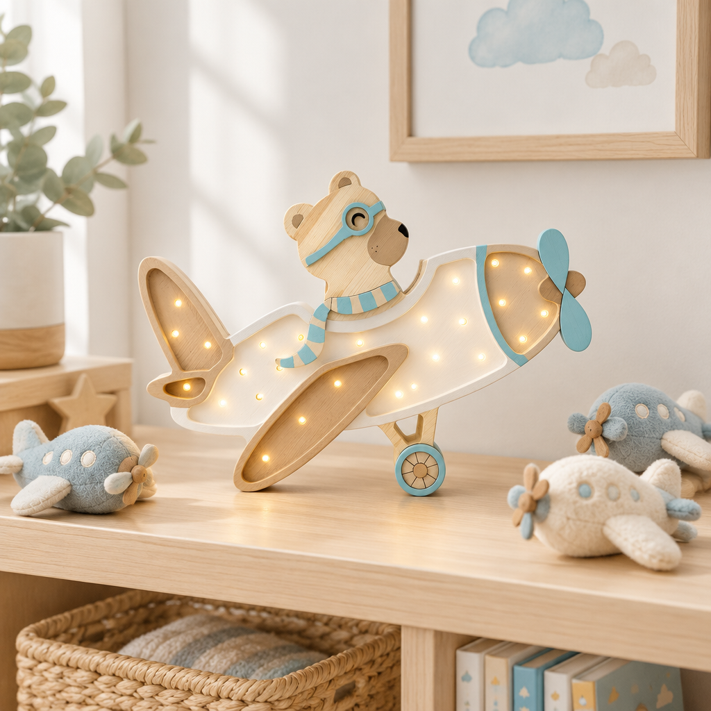 Veilleuse bébé Avion entourée de peluches sur une étagère