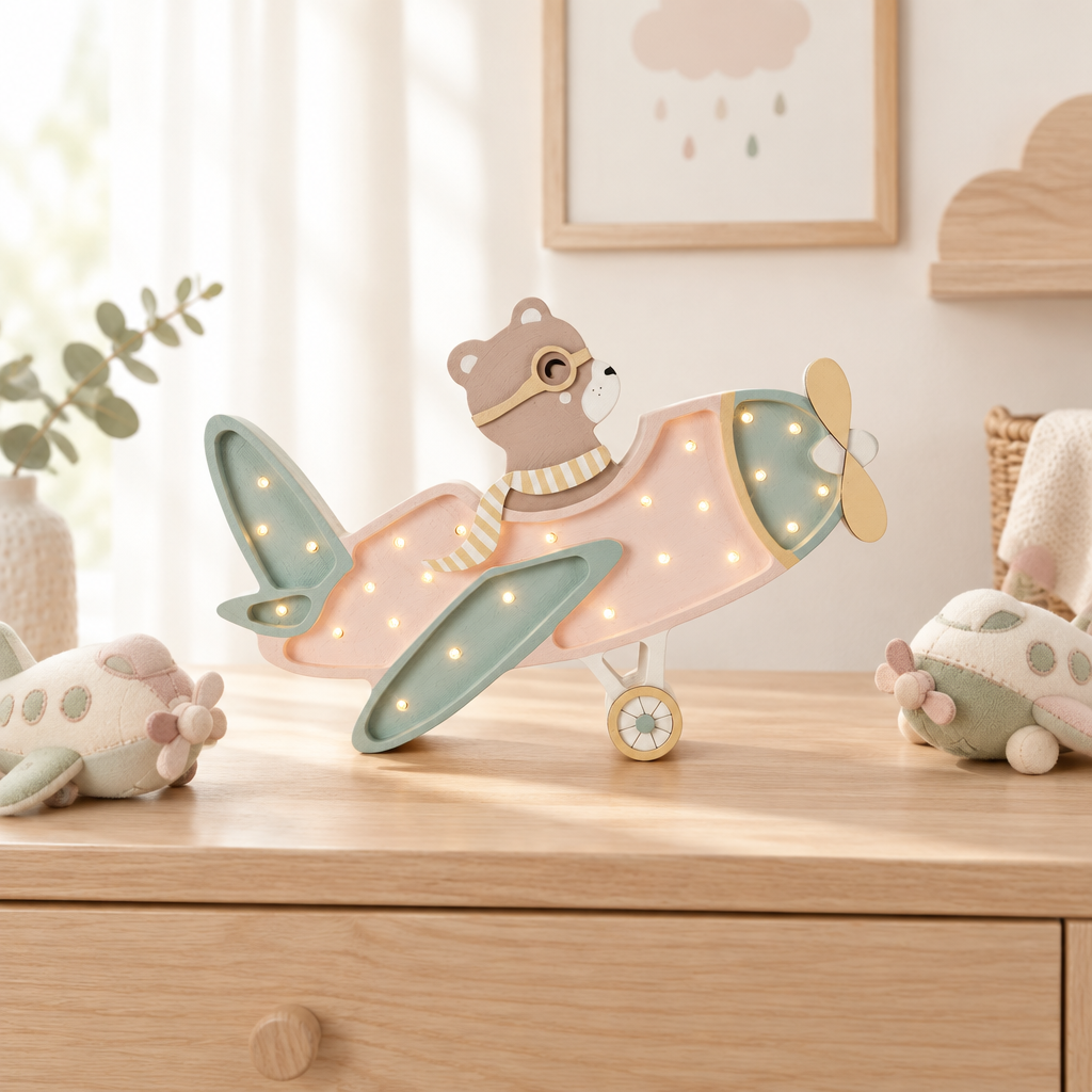 Veilleuse Avion rose sur une commode avec peluches avion