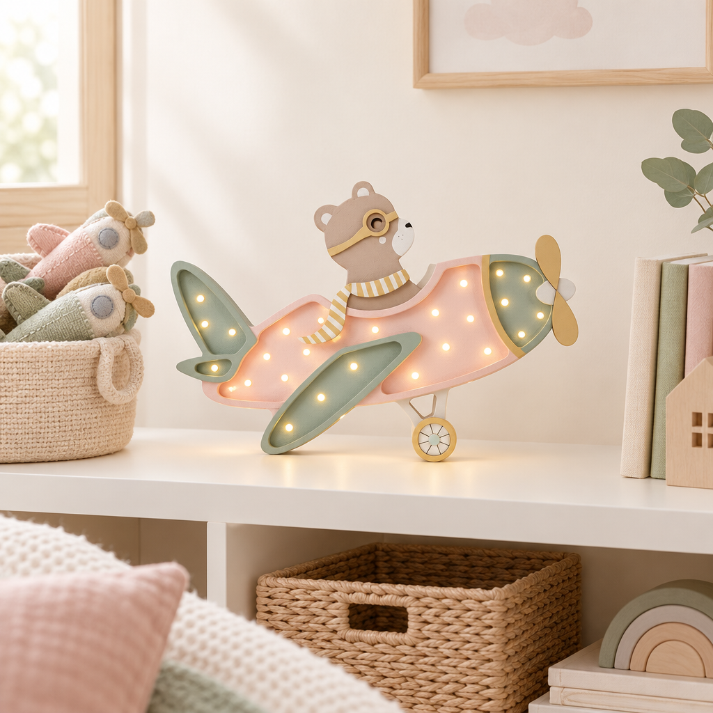Veilleuse Avion rose sur une étagère scandinave