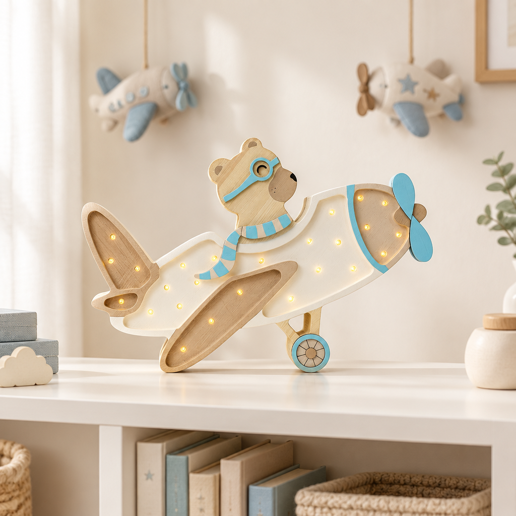 Veilleuse bébé Avion sur une bibliothèque dans une chambre
