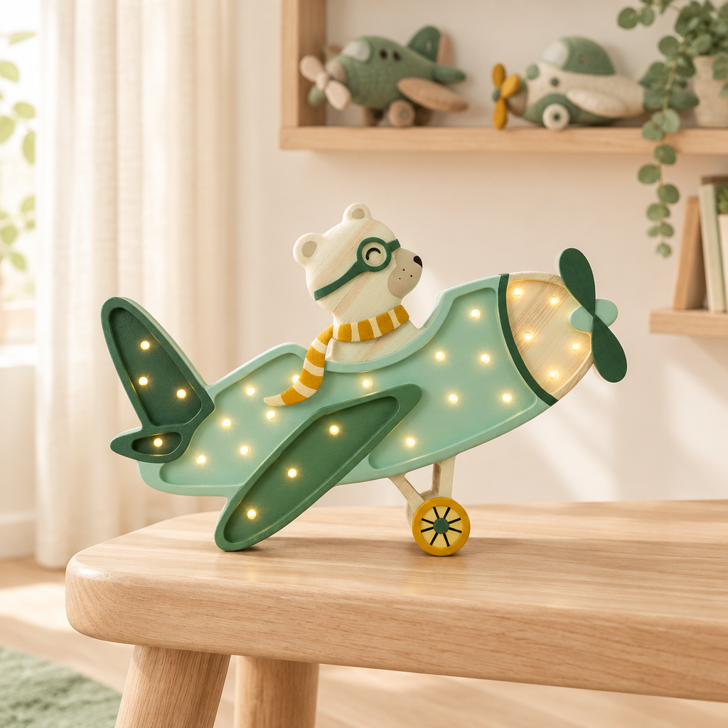 Veilleuse bébé Avion verte sur un banc en bois clair