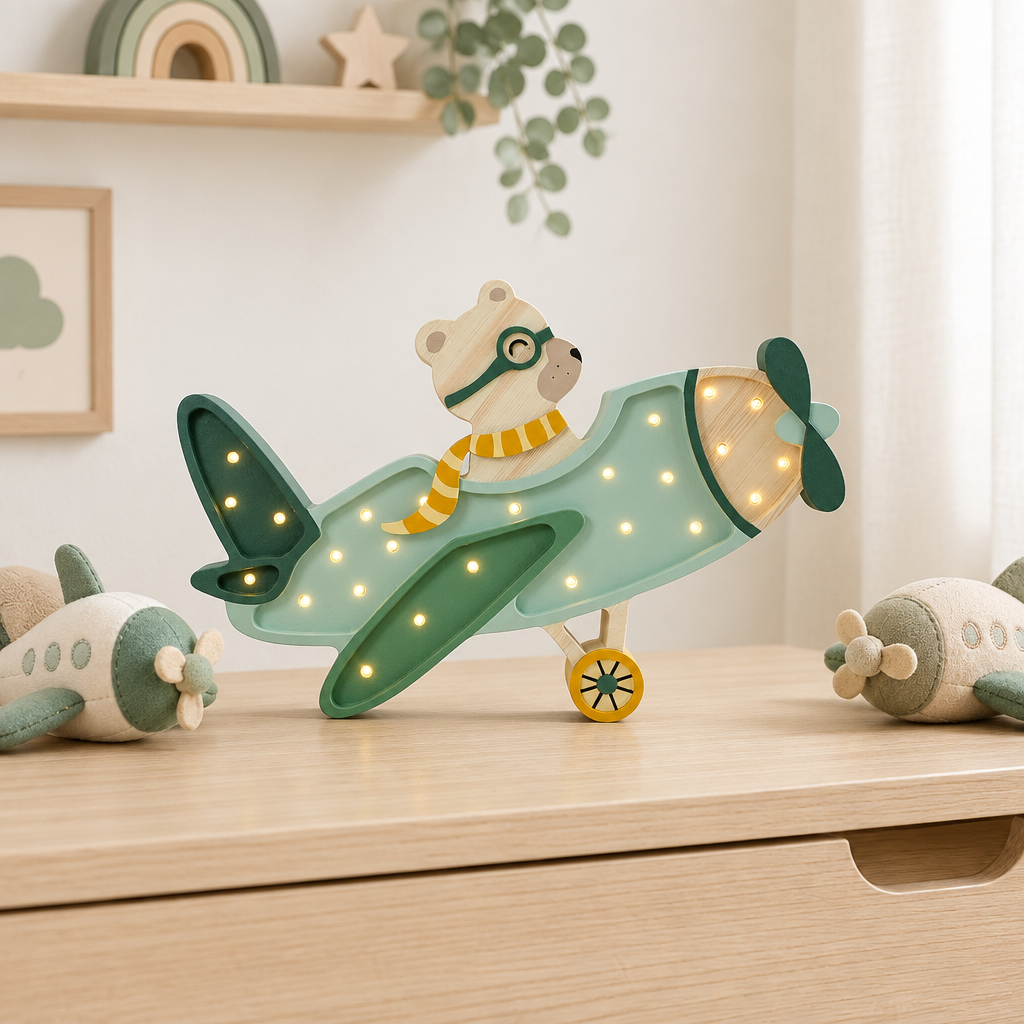 Veilleuse Avion verte sur une commode avec peluches avion