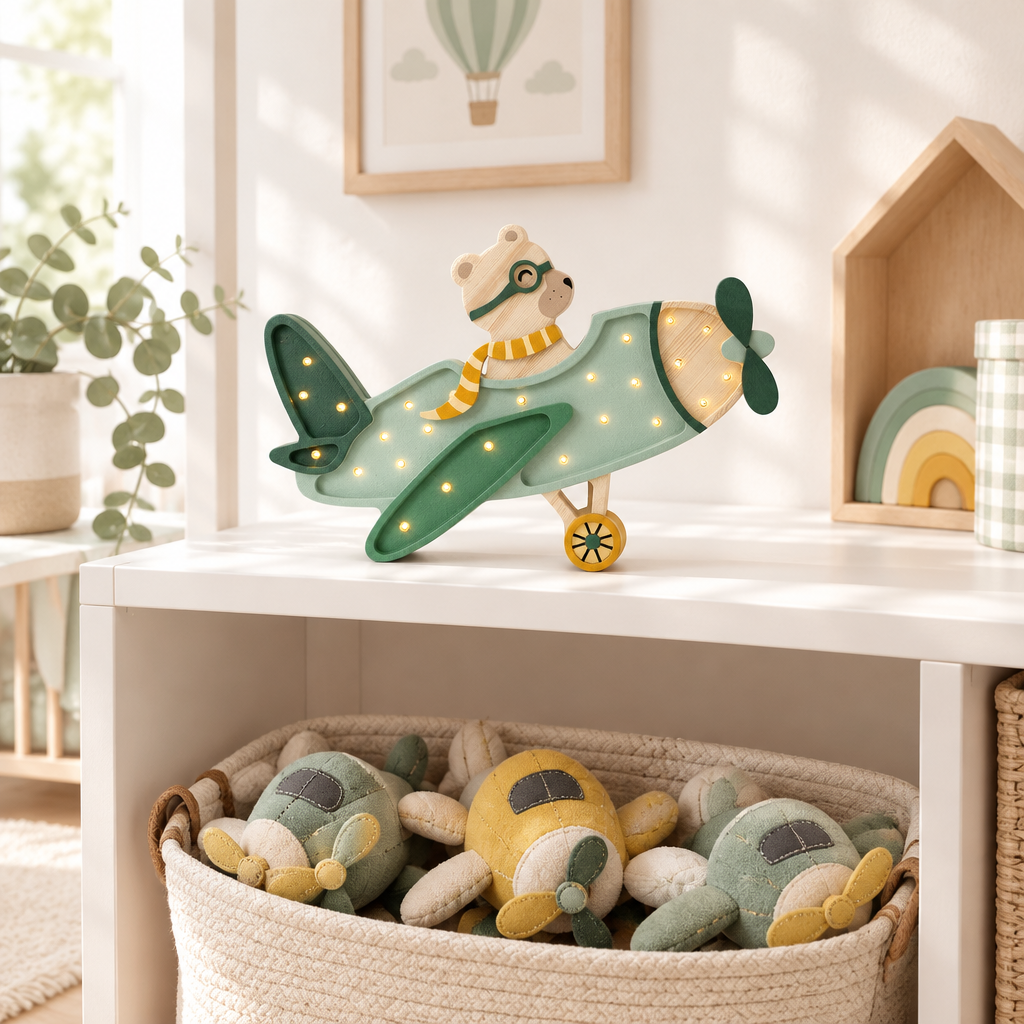 Veilleuse Avion verte sur une étagère scandinave