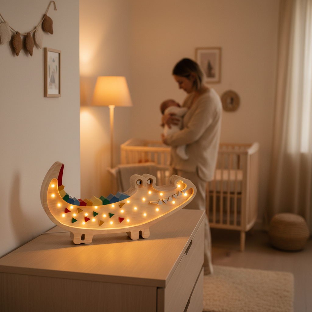 Veilleuse bébé Crocodile avec maman et bébé dans une chambre douce
