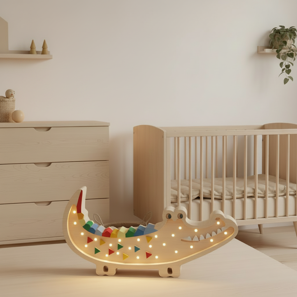 Veilleuse bébé Crocodile dans une chambre scandinave