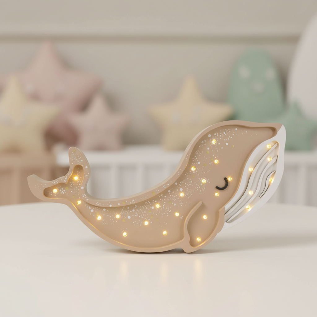 Veilleuse bébé Baleine beige allumée sur fond neutre