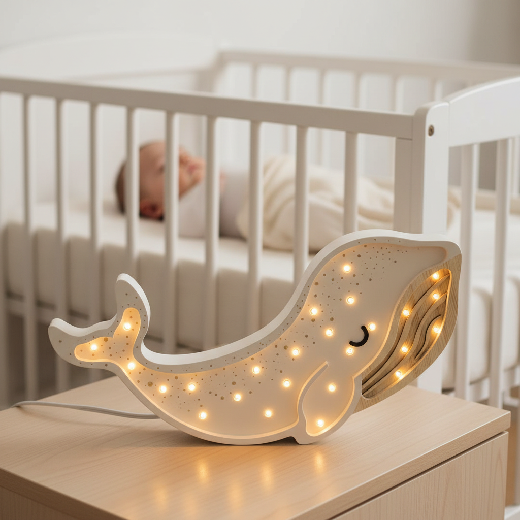 Veilleuse bébé Baleine blanche au premier plan près d’un bébé