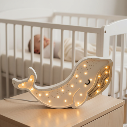 Veilleuse bébé Baleine blanche au premier plan près d’un bébé