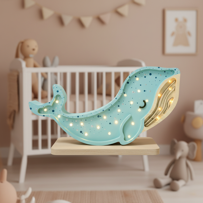 Veilleuse bébé Baleine bleu clair dans une chambre bébé