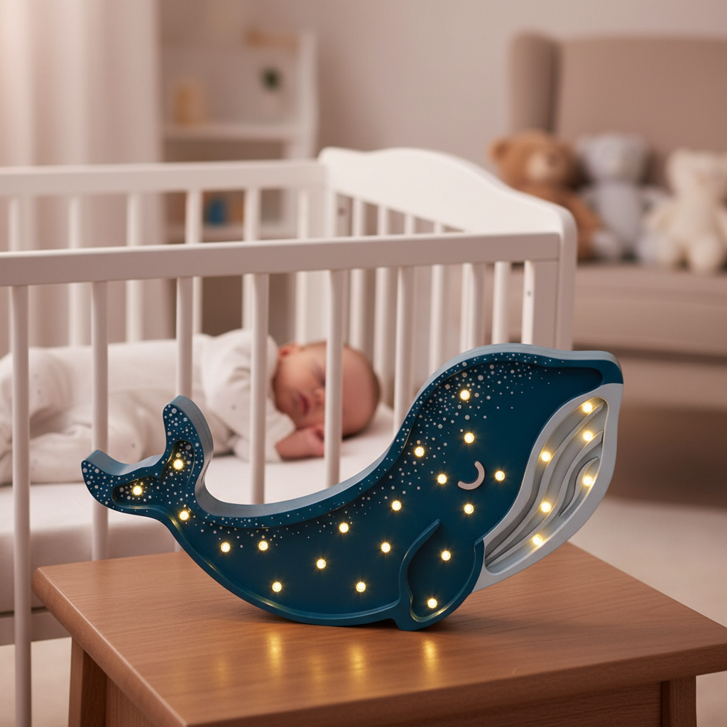 Veilleuse bébé Baleine bleu foncé près d’un bébé dans son lit