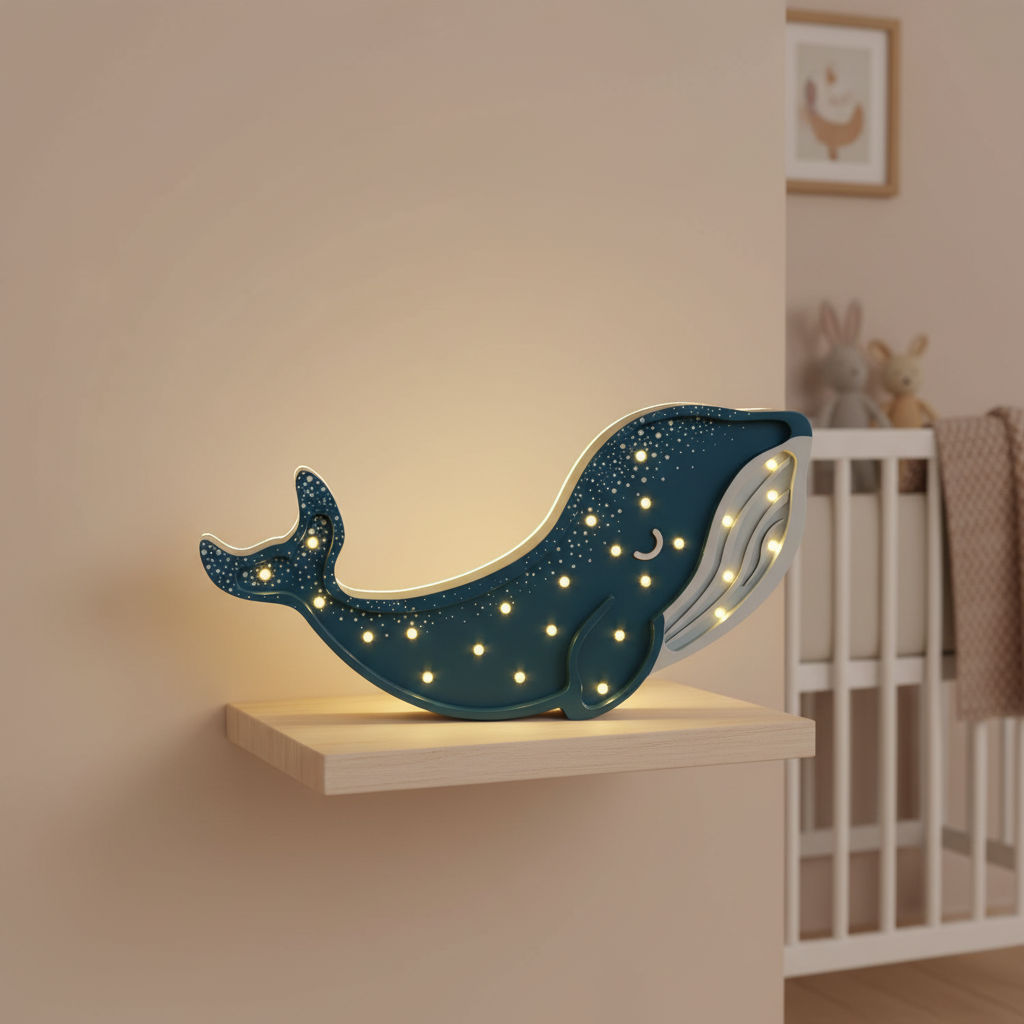 Veilleuse bébé Baleine bleu foncé dans une chambre bébé