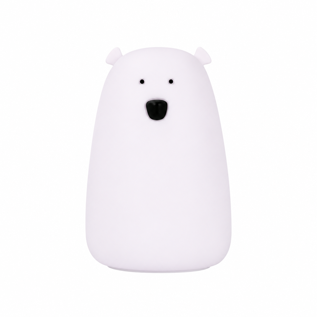 Veilleuse bébé Grand Ourson en silicone lavande pâle, éteinte, vue de face.