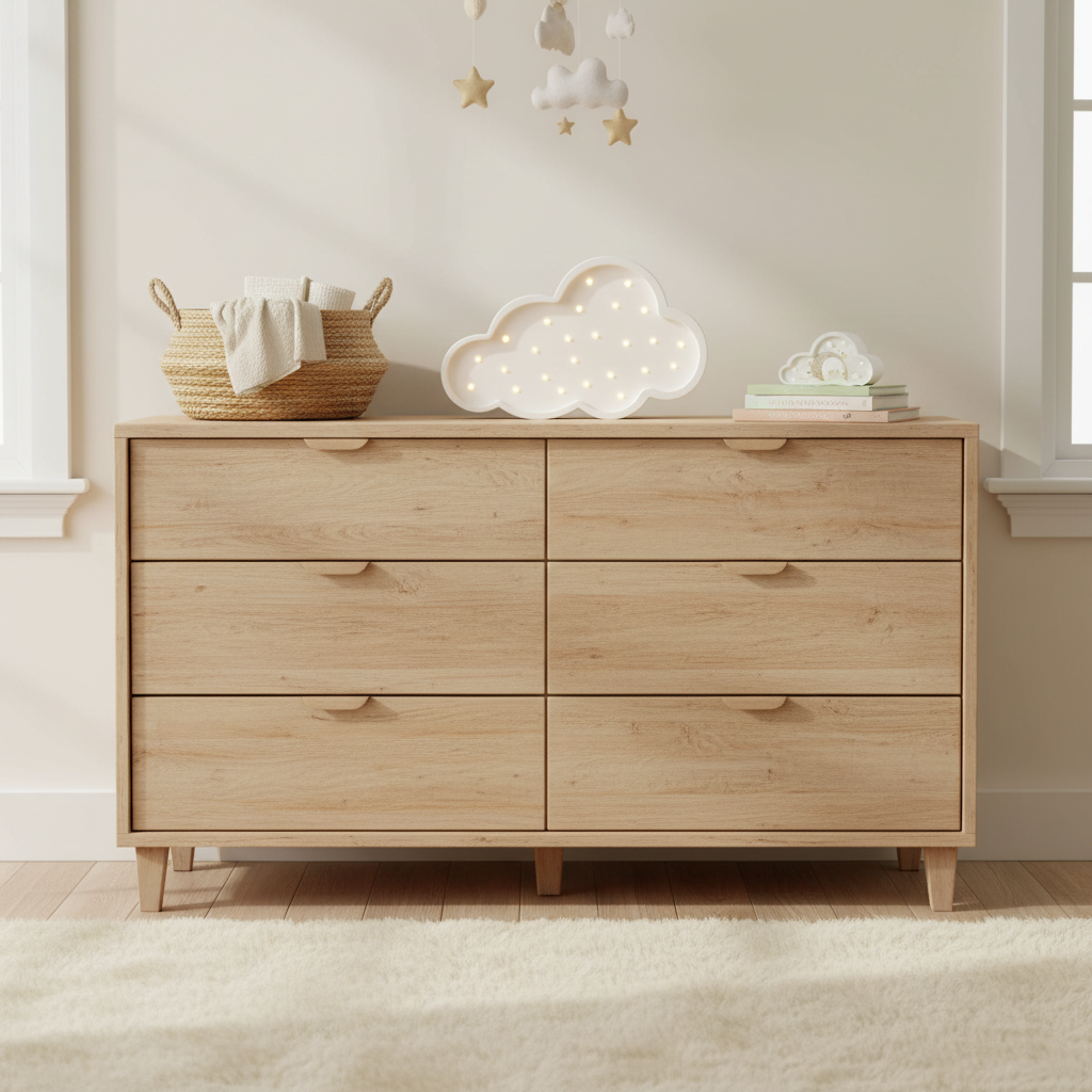 Veilleuse bébé Nuage blanche posée sur une commode